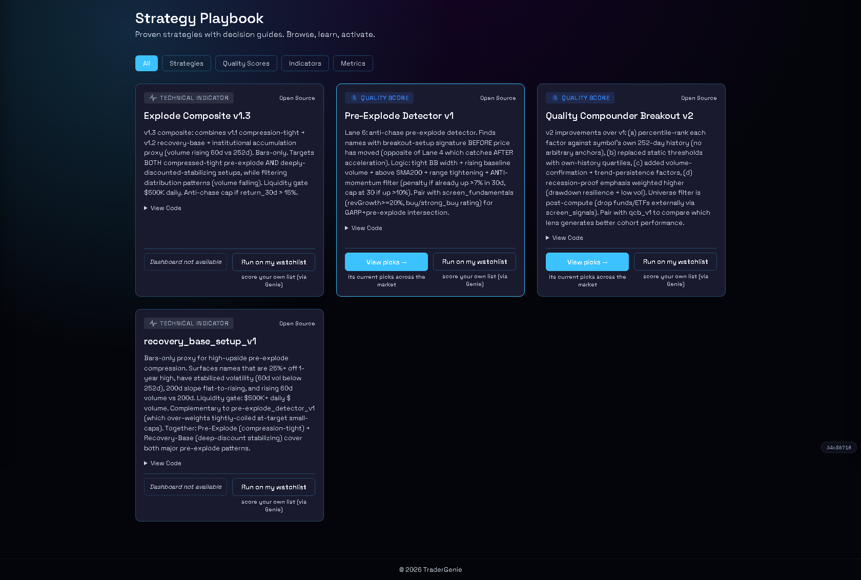 TraderGenie Strategy Playbook catalogue with tiles for Explode Composite v1.3, Pre-Explode Detector v1, Quality Compounder Breakout v2, and Recovery Base Setup
